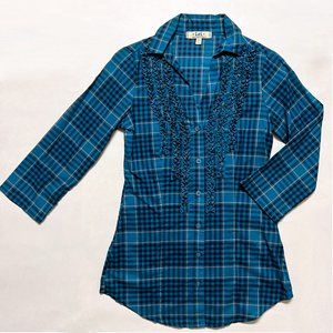 L.e.i. Blue Button Down Ruffle Plaid Top (S)
